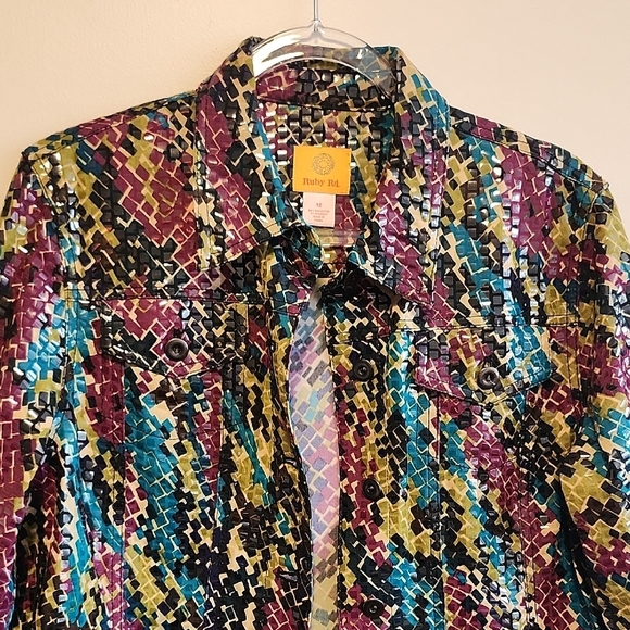 Unique Ruby Rd. Shiny Colorful Geometric Pattern Button Down Jacket - Picture 7 of 8